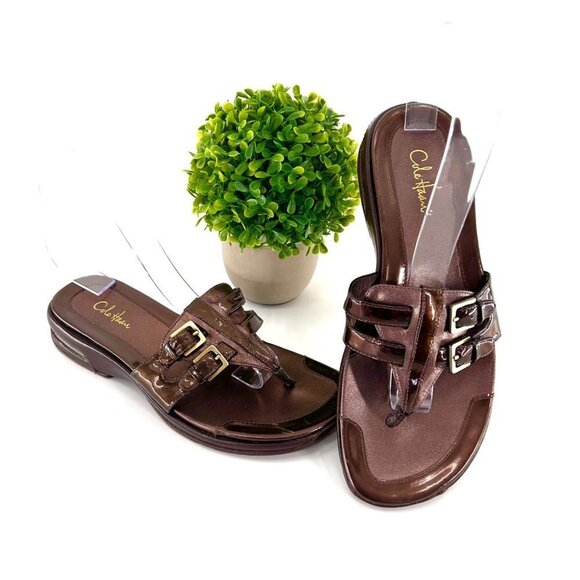 COLE-HAAN NIKE AIR BROWN LEATHER/PATENT LEATHER BUCKLE SANDALS - 7 - Picture 1 of 11